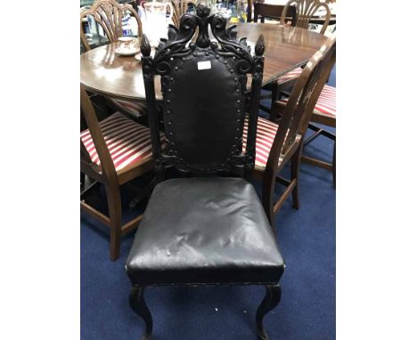 MAHOGANY STANDARD LAMP WITH SHADEalong with a Gothic style chair (2) 