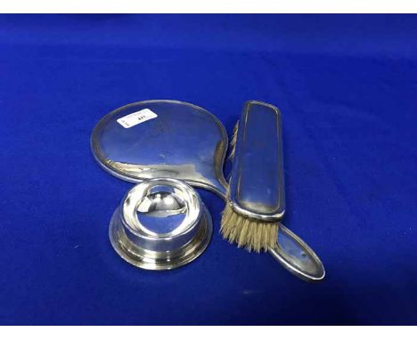 SILVER BACKED FOUR PIECE DRESSING SET WITH A SILVER HANDLED BUTTON HOOKalong with a silver plated spoon, two pearl handled kn