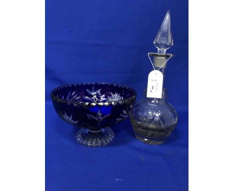VICTORIAN CUT GLASS BOWLalong with an etched drinking glass, a decanter and an epergne (4)