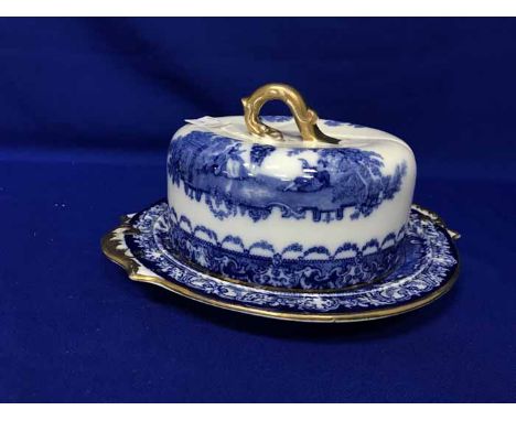 VICTORIAN BLUE AND WHITE TRANSFER PRINT BUTTER DISHtogether with a pottery hot water bottle and stoneware jars 