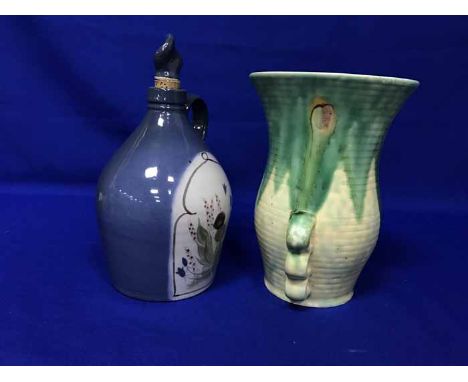 DENBY PAINTED STONEWARE VASE, BUCHAN STONEWARE BOTTLE DECANTER, ANOTHER VASE, ROSE DECORATED POSY AND A SYLVAC GROUP OF DOG A