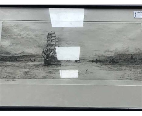 SIGNED ETCHING OF BOATS AT SEA framed and under glass, together with another etching by the same artist 