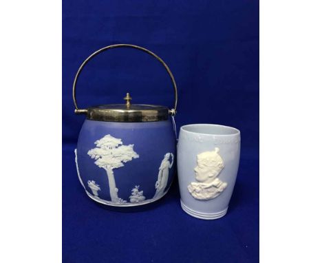 JASPERWARE BISCUIT BARRELalong with assorted ceramic jugs
