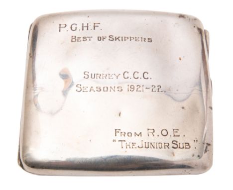 Percy G. H. Fender cricket archive: 1921-22: A George V silver cigarette case, engraved inscription ' P.G.H.F, 'Best of Skipp