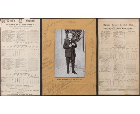 Percy G. H. Fender cricket archive: 1918: M.C.C. England v The Dominions at Lords, a framed and glazed signed black and white