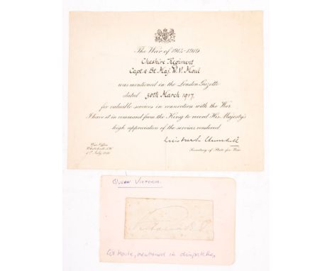 QUEEN VICTORIA  : cut signature. With - First World War, "mentioned in dispatches". Cheshire Regiment Capt. Bt.Maj. W. V. Mou