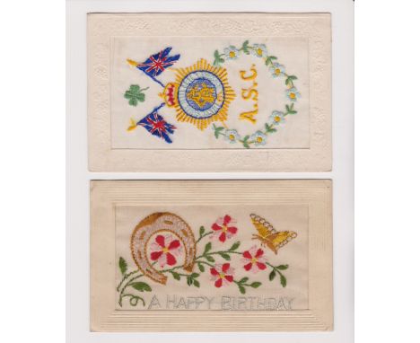 Military History-Pair of WWI French Embroidered postcards sent to England-(1) Happy Birthday-(2) Army Service Corps Badge
