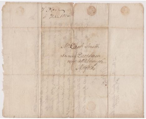 Great Britain 1816 Postal History - E.L. Dated 6th March 1816 Lincolns Inn posted to Mr Smith at or near Deapham near Attlebo