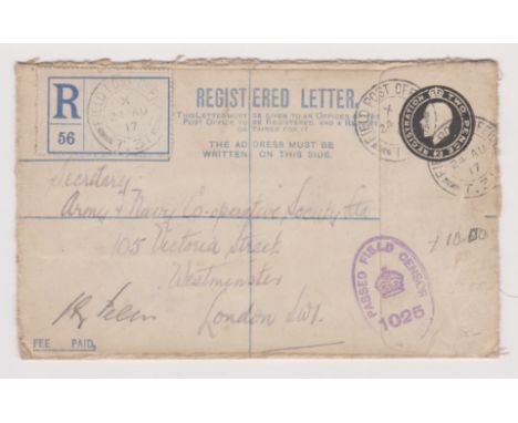 Great Britain 1917-Pre-paid /Michel FEU1 Field Post registered envelope with 2d black postal rate-posted to London cancelled 