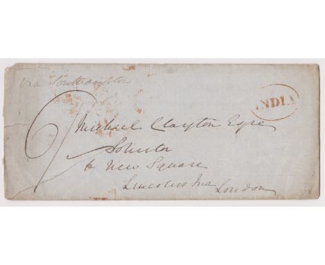 Great Britain 1846 - Scruffy front envelope posted to Lincolns Inn London-manuscript 6/-1 red oval India strike and manuscrip