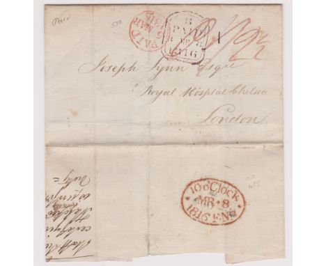 Great Britain 1816-Postal History-Wrapper posted to Royal Hospital Chelsea, from a Staff Surgeon on Garrison Duty-manuscript 