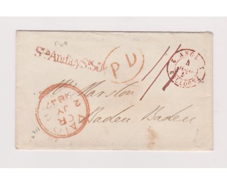 Great Britain 1847 Postal History - envelope posted to Baden-Baden manuscript 1/1 oval PD strike single line 5th Audley St S.