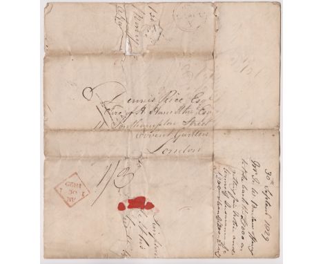 Great Britain 1829 Postal History - E.L. damaged but complete dated Dublin 3th Sept 1829 posted to London, manuscript 1/3-red