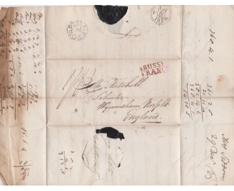 Belgium 1823-Postal History-EL dated 29th Dec 1823 posted to Wymondham-manuscript 1/2 red 2 line Brussels Franco cancel 2 bla