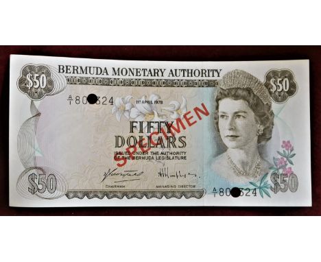 Bermuda-1978 Fifty dollars, specimen over print and hole punched P325 AUNC