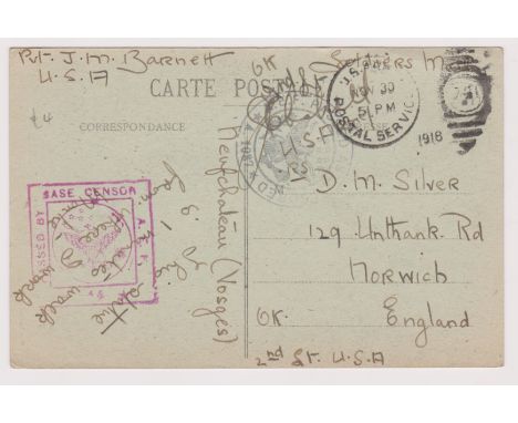 Military History 1918-Picture postcard posted to Norwich post free as soldiers mail-cancelled 30.11.1918 with a U.S Army Post
