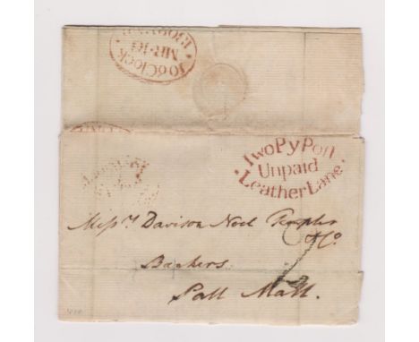 Great Britain 1808 Postal History - E.L Dated 15 March 1808-Hatton Garden-posted to Pall Mall-manuscript 2 red oval two Py po