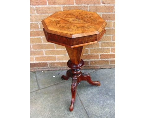 A VICTORIAN BURR WALNUT WORK TABLE  of trumpet form, the octagonal marquetry inlaid top opening to fitted interior, on taperi