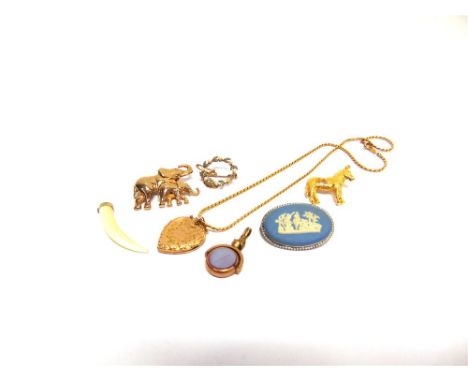 A DIAMOND AND PEARL WREATH BROOCH pearls untested and unwarranted, 2.4cm diameter; with a Wedgwood brooch; a swivel seal fob,