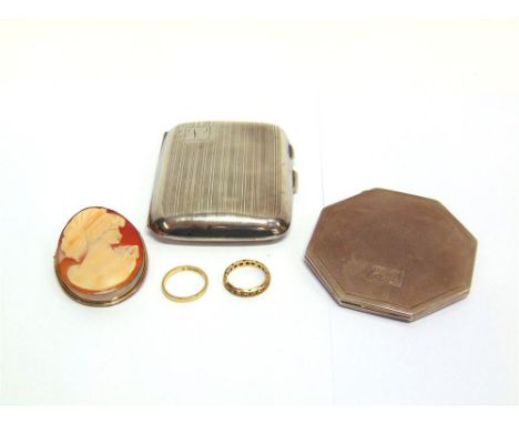 A 9 CARAT GOLD PLAIN WEDDING RING with an eternity ring, stamped '9ct', 4.3g gross; a shell cameo brooch; a silver cigarette 