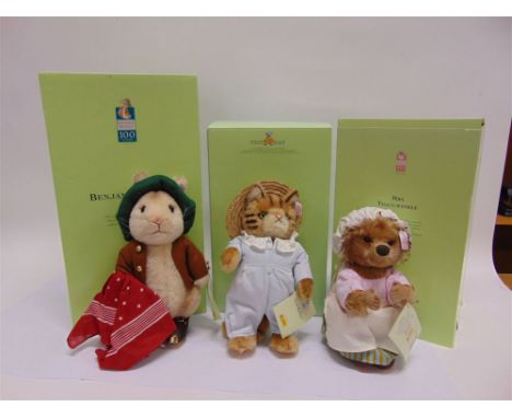 THREE STEIFF BEATRIX POTTER SOFT TOYS comprising Mrs Tiggy-Winkle, limited edition 369/1500, boxed; Tom Kitten, limited editi