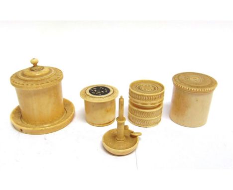 A GROUP OF ANTIQUE CARVED IVORY ITEMS  to include four various cylindrical lidded jars, and a miniature okimono carving of a 