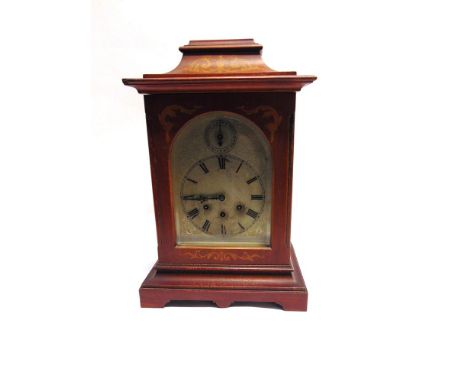 A LARGE GUSTAV BECKER MANTLE CLOCK  in marquetry decorated mahogany case, with three train Westminster chime movement strikin