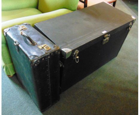 A BROOKS MOTOR VEHICLE TRUNK containing three suitcases, with a rexine-covered exterior, overall 57cm high, 90cm wide, 45cm d