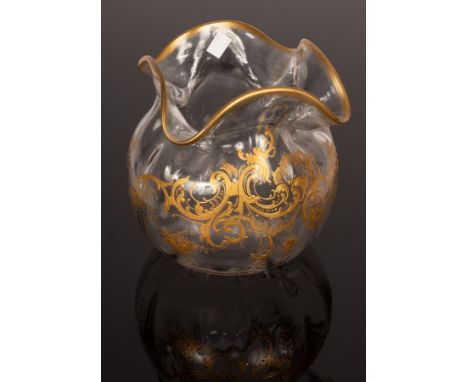 A spherical ribbed glass vase with quatrefoil flange top, finely gilded with acanthus scrolls, 22cm wide CONDITION REPORT: A 