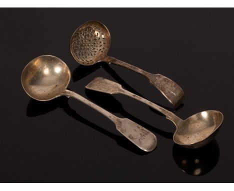 A pair of fiddle pattern silver ladles, HH, London 1845 and an Old English pattern silver sugar ladle, approximately 190g CON