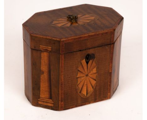 A late 18th Century rectangular harewood tea caddy with batswing pattera to the hinged cover and front and pillars inlaid to 