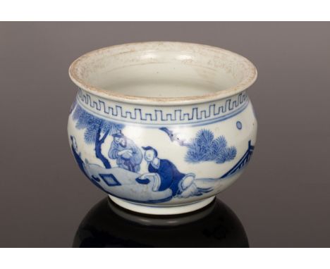 A Chinese blue and white porcelain incense burner, 20th Century, depicting figures playing chess in a garden, 11cm diameter  