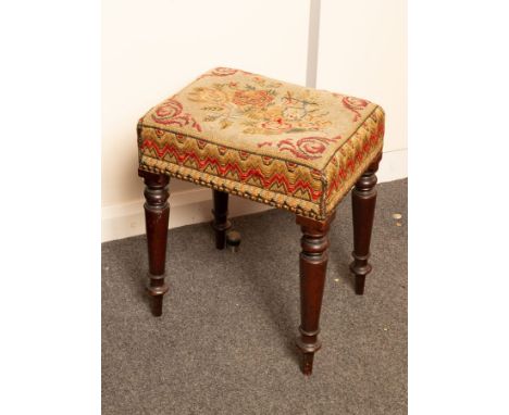 A George IV upholstered stool on turned legs, 37cm wide CONDITION REPORT: The tapestry top is very worn and repaired, amateur