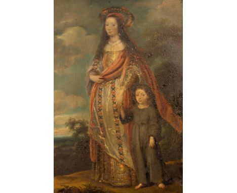 Flemish School/Portrait of a Mother and Child/full-length, the mother wearing a white and gold be-ribboned dress and ornate h