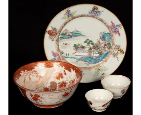 A Chinese famille rose plate, Qing Dynasty, the plate decorated a landscape in the centre and Baxian deities to the rim, 23cm