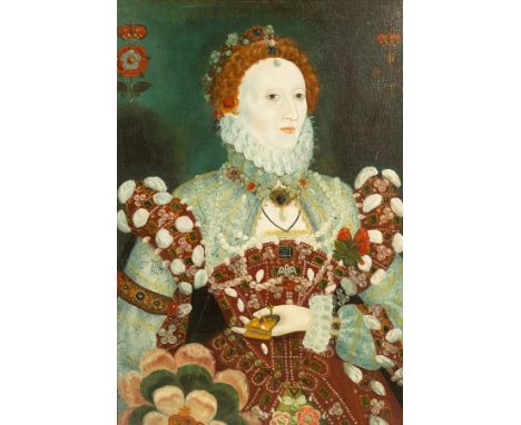 After Nicholas Hilliard, 20th Century/Portrait of Elizabeth I/half-length, wearing a pearl choker and holding a purse in her 