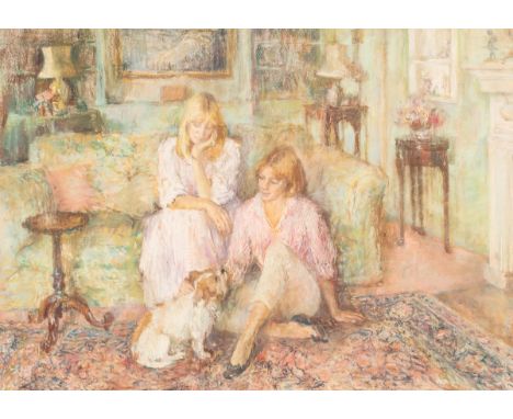Rachel Hemming Bray (born 1947)/Portrait of two young Ladies/with their dog in a drawing room/signed and initialled/coloured 