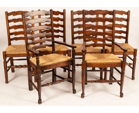 A set of six oak ladder back chairs with drop in rush seats (4+2)/Provenance: Spetchley Park, Worcestershire CONDITION REPORT