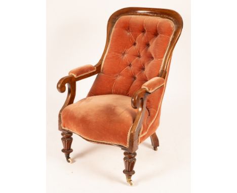 A Victorian button back open armchair, velvet upholstered on lobed legs/Provenance: Spetchley Park, Worcestershire CONDITION 