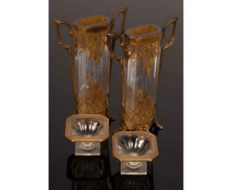 A pair of 1930s gilt metal mounted two-handled vases, 22.5cm high, a pair of glass salts with beaded borders and a gilt metal