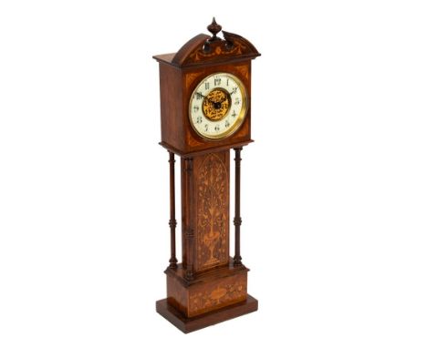 A late Victorian miniature eight-day longcase clock, with swan neck hood and four turned pillars to the sides, the trunk inla