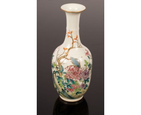 A Chinese famille rose slender vase, 20th Century, decorated a grasshopper resting on chrysanthemums in a garden, the base ma