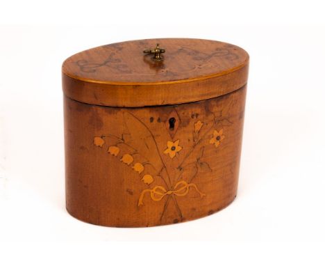 A late 18th Century Sheraton period oval satinwood tea caddy inlaid flowers and scrolls, 14cm wide/see illustration CONDITION