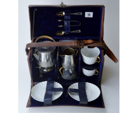 ART DECO TRAVEL TEA SERVICE FOR TWO IN FITTED LEATHER CASE