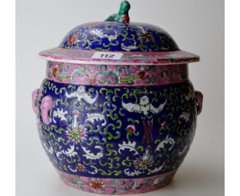 9½" CHINESE PORCELAIN LIDDED URN DECORATED WITH VARIOUS BATS &amp; FLORAL PATTERNS WITH 6 CHARACTER SEAL MARK IN RED ON BASE