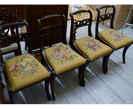 SET OF 4 REGENCY MAHOGANY DINING ROOM CHAIRS WITH TWIST BACKS & FLORAL  TAPESTRY SEATS ON SABRE LEGS