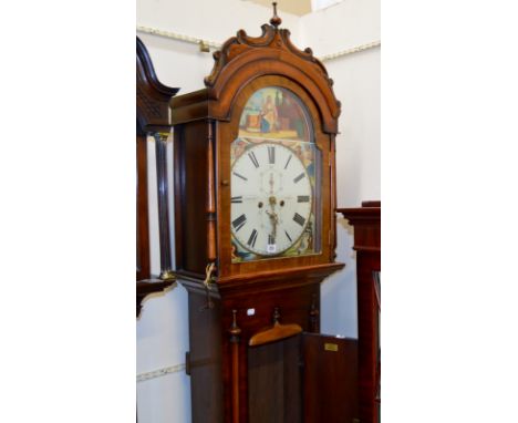 90" VICTORIAN MAHOGANY CASED GRANDFATHER CLOCK WITH PAINTED FACE BY J  & W ORR, AIRDRIE WITH PENDULUM & WEIGHTS