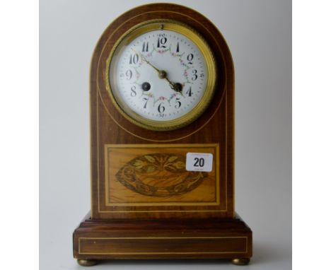 INLAID MAHOGANY STRIKING MANTLE CLOCK WITH HAND PAINTED CERAMIC FACE  ON BRASS BUN FEET WITH KEY