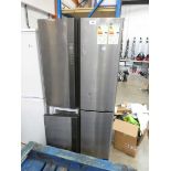 +VAT Sharp 4 door fridge freezer in silver finish Severe damage to bottom left corner. Bottom left