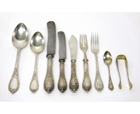 A German silver flatware service, mark of Hessenberg, circa 1900, with foliate edged reserves, monogrammed to one side and co